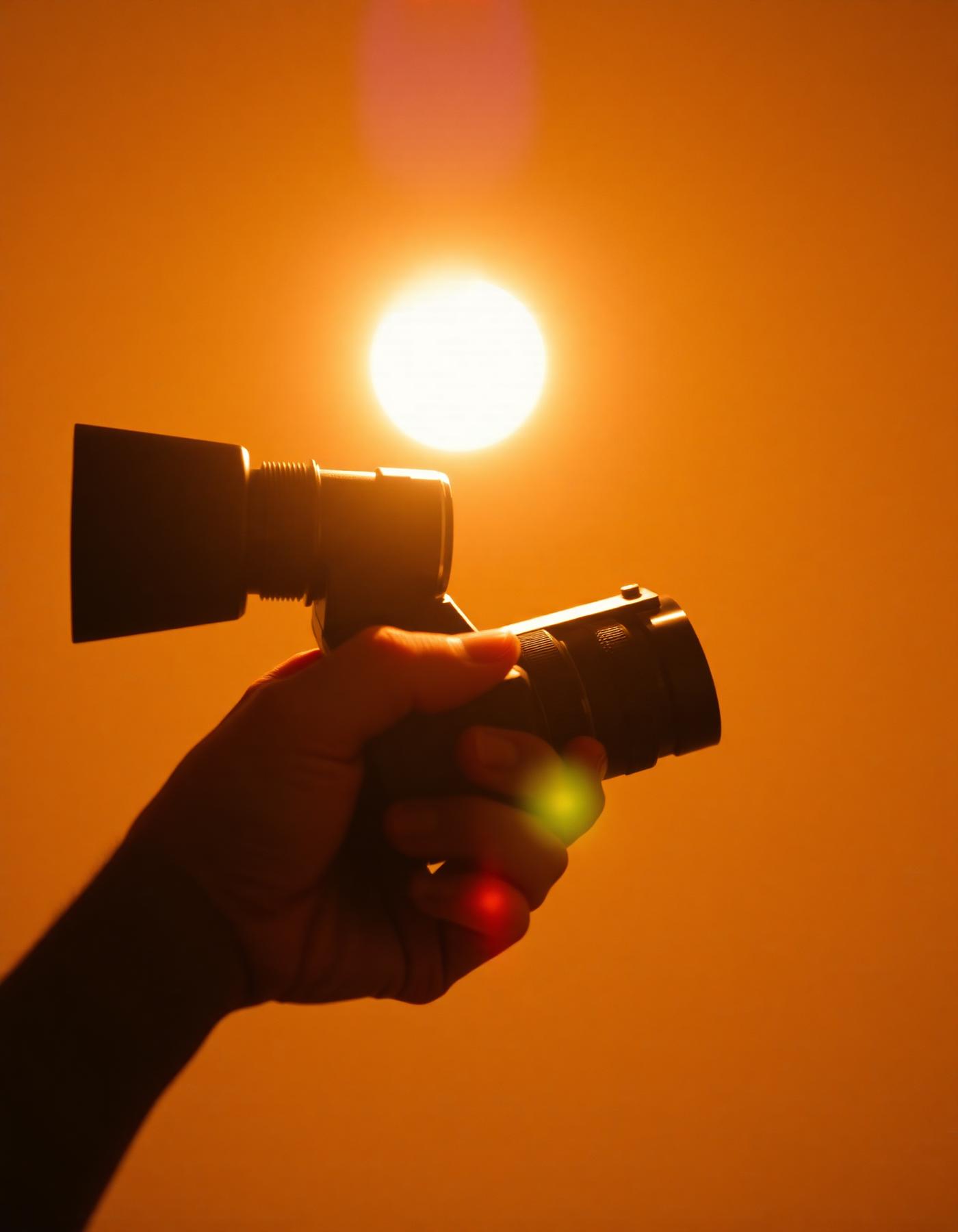 A cinema camera held up to the light